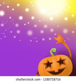 vector halloween funky rock n roll style cartoon carved pumpkin character with isolated on violet background with blur and light. Happy halloween party concept poster, background or greeting card