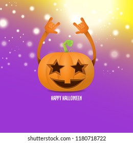 vector halloween funky rock n roll style cartoon carved pumpkin character with isolated on violet background with blur and light. Happy halloween party concept poster, background or greeting card