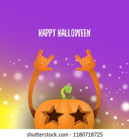 vector halloween funky rock n roll style cartoon carved pumpkin character with isolated on violet background with blur and light. Happy halloween party concept poster, background or greeting card