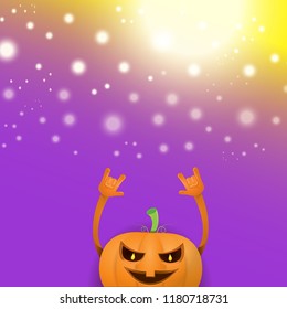 vector halloween funky rock n roll style cartoon carved pumpkin character with isolated on violet background with blur and light. Happy halloween party concept poster, background or greeting card