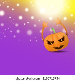 vector halloween funky rock n roll style cartoon carved pumpkin character with isolated on violet background with blur and light. Happy halloween party concept poster, background or greeting card