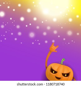 vector halloween funky rock n roll style cartoon carved pumpkin character with isolated on violet background with blur and light. Happy halloween party concept poster, background or greeting card