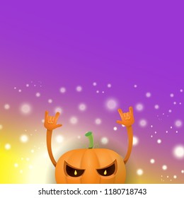 vector halloween funky rock n roll style cartoon carved pumpkin character with isolated on violet background with blur and light. Happy halloween party concept poster, background or greeting card