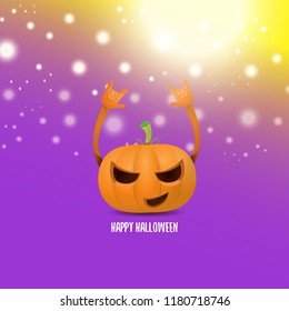 vector halloween funky rock n roll style cartoon carved pumpkin character with isolated on violet background with blur and light. Happy halloween party concept poster, background or greeting card