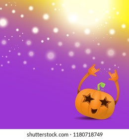vector halloween funky rock n roll style cartoon carved pumpkin character with isolated on violet background with blur and light. Happy halloween party concept poster, background or greeting card