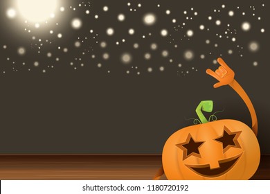 vector halloween funky rock n roll style cartoon carved pumpkin character with isolated on dark horizontal banner  background with blur and light. Happy halloween party concept poster