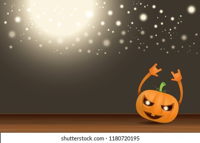 vector halloween funky rock n roll style cartoon carved pumpkin character with isolated on dark horizontal banner  background with blur and light. Happy halloween party concept poster