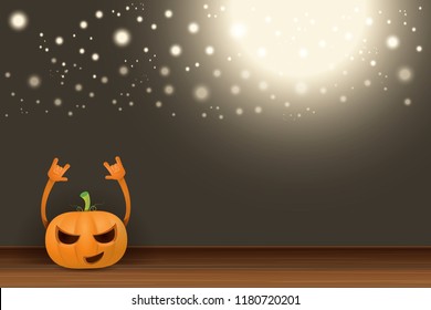 vector halloween funky rock n roll style cartoon carved pumpkin character with isolated on dark horizontal banner  background with blur and light. Happy halloween party concept poster
