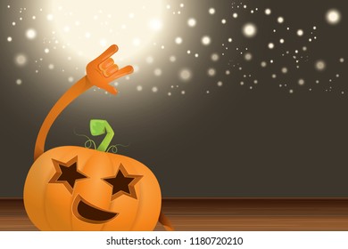 vector halloween funky rock n roll style cartoon carved pumpkin character with isolated on dark horizontal banner  background with blur and light. Happy halloween party concept poster
