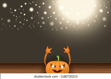 vector halloween funky rock n roll style cartoon carved pumpkin character with isolated on dark horizontal banner  background with blur and light. Happy halloween party concept poster
