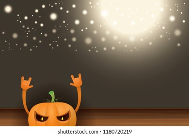vector halloween funky rock n roll style cartoon carved pumpkin character with isolated on dark horizontal banner  background with blur and light. Happy halloween party concept poster