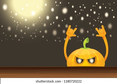vector halloween funky rock n roll style cartoon carved pumpkin character with isolated on dark horizontal banner  background with blur and light. Happy halloween party concept poster