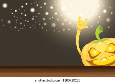 vector halloween funky rock n roll style cartoon carved pumpkin character with isolated on dark horizontal banner  background with blur and light. Happy halloween party concept poster