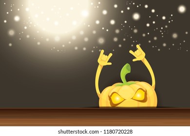 vector halloween funky rock n roll style cartoon carved pumpkin character with isolated on dark horizontal banner  background with blur and light. Happy halloween party concept poster
