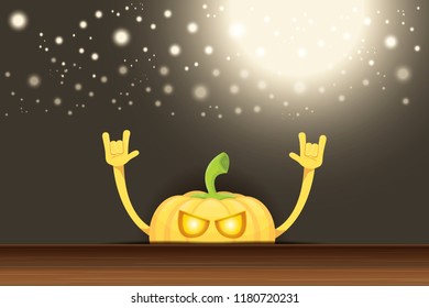 vector halloween funky rock n roll style cartoon carved pumpkin character with isolated on dark horizontal banner  background with blur and light. Happy halloween party concept poster
