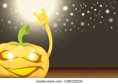 vector halloween funky rock n roll style cartoon carved pumpkin character with isolated on dark horizontal banner  background with blur and light. Happy halloween party concept poster
