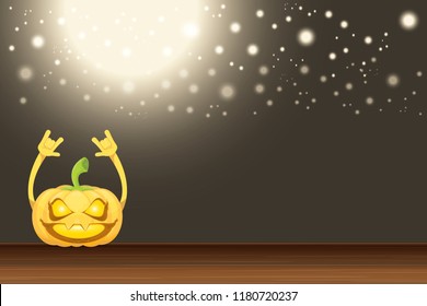 vector halloween funky rock n roll style cartoon carved pumpkin character with isolated on dark horizontal banner  background with blur and light. Happy halloween party concept poster