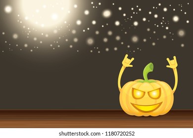 vector halloween funky rock n roll style cartoon carved pumpkin character with isolated on dark horizontal banner  background with blur and light. Happy halloween party concept poster