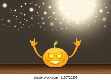 vector halloween funky rock n roll style cartoon carved pumpkin character with isolated on dark horizontal banner  background with blur and light. Happy halloween party concept poster