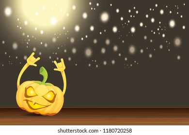 vector halloween funky rock n roll style cartoon carved pumpkin character with isolated on dark horizontal banner  background with blur and light. Happy halloween party concept poster