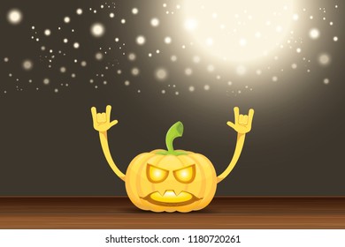 vector halloween funky rock n roll style cartoon carved pumpkin character with isolated on dark horizontal banner  background with blur and light. Happy halloween party concept poster