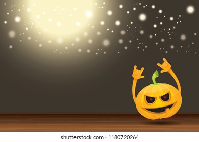 vector halloween funky rock n roll style cartoon carved pumpkin character with isolated on dark horizontal banner  background with blur and light. Happy halloween party concept poster