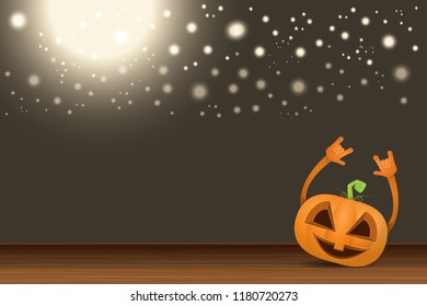vector halloween funky rock n roll style cartoon carved pumpkin character with isolated on dark horizontal banner  background with blur and light. Happy halloween party concept poster