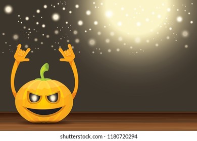 vector halloween funky rock n roll style cartoon carved pumpkin character with isolated on dark horizontal banner  background with blur and light. Happy halloween party concept poster