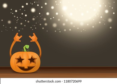 vector halloween funky rock n roll style cartoon carved pumpkin character with isolated on dark horizontal banner  background with blur and light. Happy halloween party concept poster