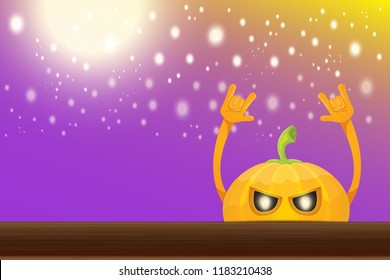 vector halloween funky rock n roll style cartoon carved pumpkin character with isolated on violet horizontal banner background with blur and light. Happy halloween party concept poster