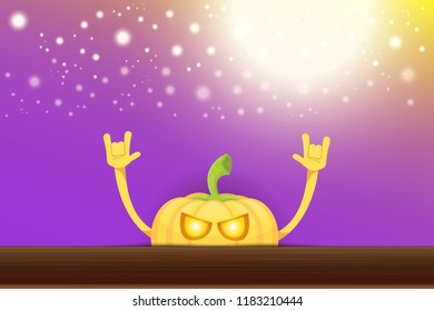 vector halloween funky rock n roll style cartoon carved pumpkin character with isolated on violet horizontal banner background with blur and light. Happy halloween party concept poster