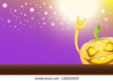 vector halloween funky rock n roll style cartoon carved pumpkin character with isolated on violet horizontal banner background with blur and light. Happy halloween party concept poster