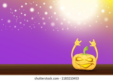 vector halloween funky rock n roll style cartoon carved pumpkin character with isolated on violet horizontal banner background with blur and light. Happy halloween party concept poster