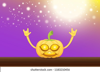 vector halloween funky rock n roll style cartoon carved pumpkin character with isolated on violet horizontal banner background with blur and light. Happy halloween party concept poster