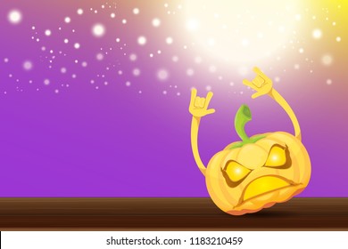 vector halloween funky rock n roll style cartoon carved pumpkin character with isolated on violet horizontal banner background with blur and light. Happy halloween party concept poster