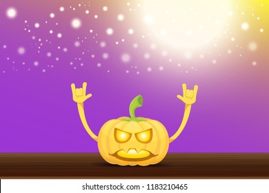 vector halloween funky rock n roll style cartoon carved pumpkin character with isolated on violet horizontal banner background with blur and light. Happy halloween party concept poster