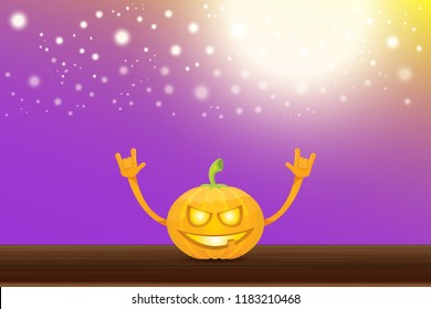 vector halloween funky rock n roll style cartoon carved pumpkin character with isolated on violet horizontal banner background with blur and light. Happy halloween party concept poster