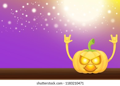 vector halloween funky rock n roll style cartoon carved pumpkin character with isolated on violet horizontal banner background with blur and light. Happy halloween party concept poster