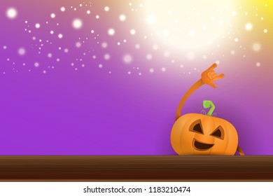 vector halloween funky rock n roll style cartoon carved pumpkin character with isolated on violet horizontal banner background with blur and light. Happy halloween party concept poster