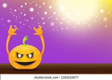 vector halloween funky rock n roll style cartoon carved pumpkin character with isolated on violet horizontal banner background with blur and light. Happy halloween party concept poster