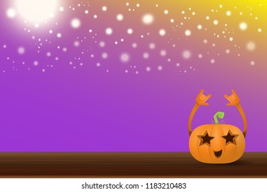 vector halloween funky rock n roll style cartoon carved pumpkin character with isolated on violet horizontal banner background with blur and light. Happy halloween party concept poster