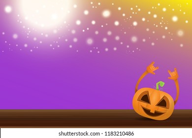 vector halloween funky rock n roll style cartoon carved pumpkin character with isolated on violet horizontal banner background with blur and light. Happy halloween party concept poster