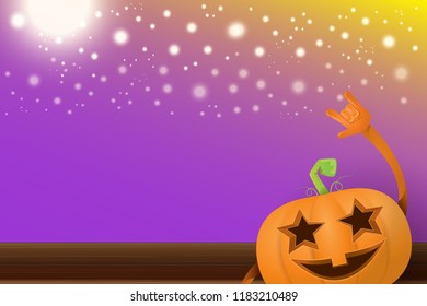 vector halloween funky rock n roll style cartoon carved pumpkin character with isolated on violet horizontal banner background with blur and light. Happy halloween party concept poster