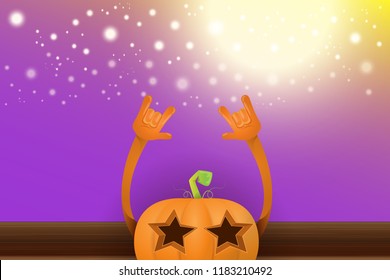 vector halloween funky rock n roll style cartoon carved pumpkin character with isolated on violet horizontal banner background with blur and light. Happy halloween party concept poster