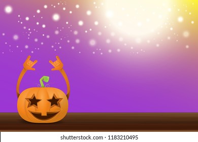 vector halloween funky rock n roll style cartoon carved pumpkin character with isolated on violet horizontal banner background with blur and light. Happy halloween party concept poster