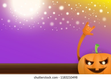 vector halloween funky rock n roll style cartoon carved pumpkin character with isolated on violet horizontal banner background with blur and light. Happy halloween party concept poster