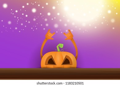 vector halloween funky rock n roll style cartoon carved pumpkin character with isolated on violet horizontal banner background with blur and light. Happy halloween party concept poster