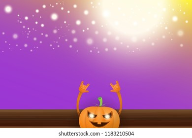 vector halloween funky rock n roll style cartoon carved pumpkin character with isolated on violet horizontal banner background with blur and light. Happy halloween party concept poster