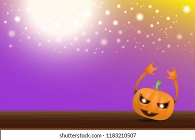 vector halloween funky rock n roll style cartoon carved pumpkin character with isolated on violet horizontal banner background with blur and light. Happy halloween party concept poster