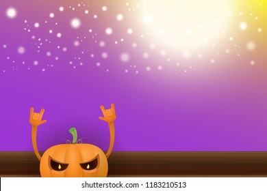 vector halloween funky rock n roll style cartoon carved pumpkin character with isolated on violet horizontal banner background with blur and light. Happy halloween party concept poster